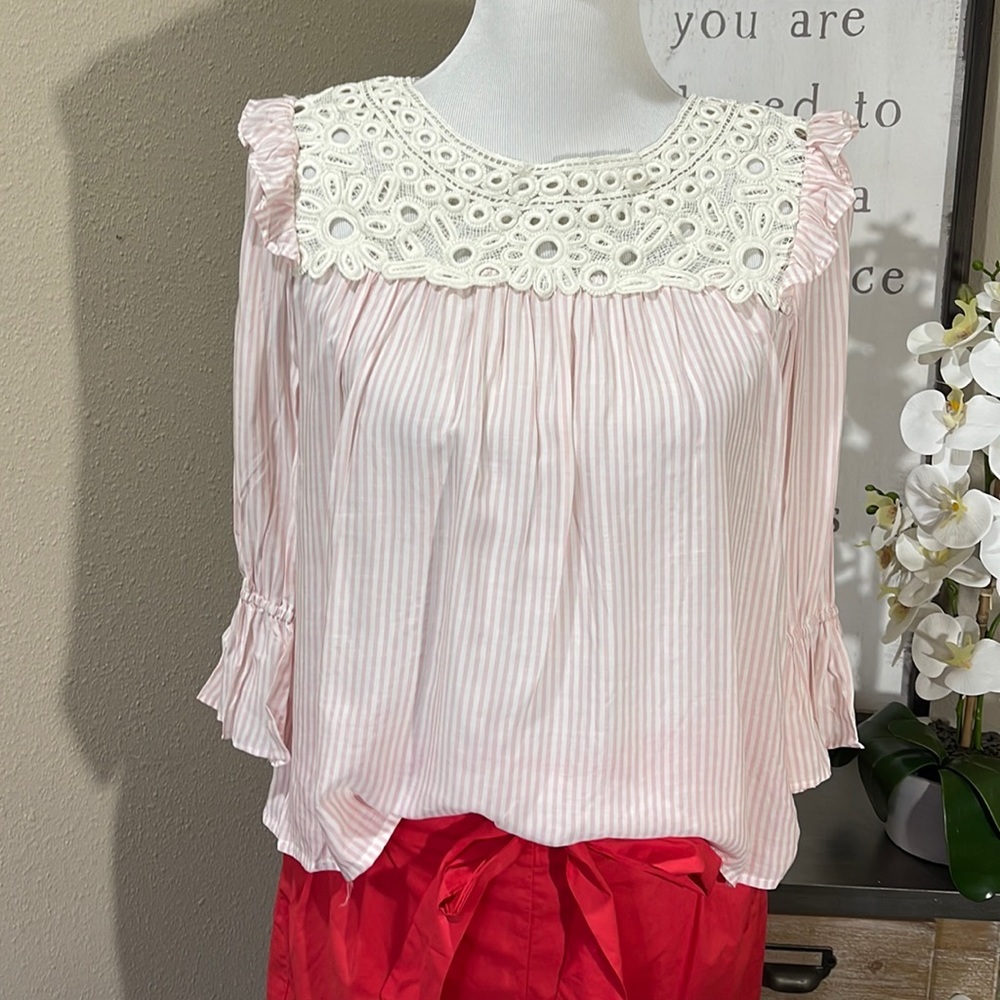 Pink and White Striped Blouse with Lace Detail TRN28